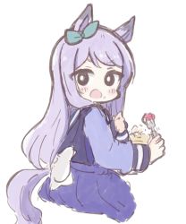 Rule 34 | 1girl, animal ears, blush, bow, cake, commentary, ear ribbon, food, food on face, fork, fruit, green ribbon, highres, holding, holding fork, horse ears, horse girl, horse tail, long hair, long sleeves, mejiro mcqueen (umamusume), nozo (hitomiz), open mouth, pleated skirt, purple hair, purple shirt, purple skirt, ribbon, school uniform, shirt, simple background, sitting, sketch, skirt, solo, strawberry, symbol-only commentary, tail, tracen school uniform, umamusume, v-shaped eyebrows, very long hair, wavy mouth, white background, white bow