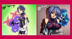 Rule 34 | 10s, 1girl, 2013, aqua (kingdom hearts), aundre thompson, bare shoulders, before and after, blue eyes, blue hair, breasts, character name, comparison, covered navel, dated, expressionless, fingerless gloves, flower, gloves, head tilt, kingdom hearts, kingdom hearts birth by sleep, large breasts, lips, looking at viewer, matching hair/eyes, progression, shadow, signature, skin tight, solo, upper body