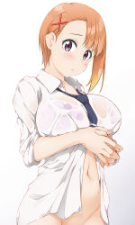 Rule 34 | 1girl, asymmetrical bangs, blouse, blue necktie, blush, bra, breasts, cleavage, collarbone, collared shirt, groin, hair ornament, hinata masaki, large breasts, looking at viewer, mieruko-chan, navel, necktie, no panties, open clothes, open shirt, orange hair, purple eyes, see-through, shirt, short hair, simple background, sleeves rolled up, solo, stomach, thighs, underwear, wet, wet clothes, wet shirt, white background, white bra, white shirt, x hair ornament, yurikawa hana
