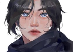 Rule 34 | 1girl, apex legends, arc4na, artist name, black hair, black scarf, blue eyes, eyebrows hidden by hair, lips, nose piercing, parted bangs, parted lips, piercing, portrait, realistic, scarf, solo, white background, wraith (apex legends)