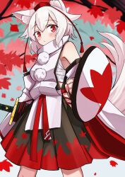 Rule 34 | 1girl, absurdres, animal ear fluff, animal ears, autumn leaves, blush, chest sarashi, detached sleeves, hat, highres, inubashiri momiji, leaf print, looking at viewer, pom pom (clothes), print skirt, red eyes, sarashi, scabbard, sheath, sheathed, shield, short hair, skirt, solo, sword, tail, tokin hat, touhou, weapon, white hair, wolf ears, wolf girl, wolf tail, yuuka (a0240765)
