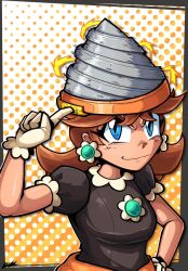 Rule 34 | 1girl, black dress, blue eyes, breasts, brooch, brown hair, dress, drill, drill daisy, earrings, flower earrings, gloves, grin, hand on own hip, jewelry, looking at viewer, mario (series), medium breasts, nintendo, power-up, princess daisy, puffy short sleeves, puffy sleeves, short sleeves, smile, standing, super mario bros. wonder, tomboy
