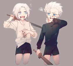 Rule 34 | 2boys, aged down, annoyed, blood, blood on face, blue eyes, brothers, child, dante (devil may cry), devil may cry (series), hair slicked back, highres, holding, holding weapon, long hair, male focus, monomono1112, multiple boys, pale skin, siblings, vergil (devil may cry), weapon