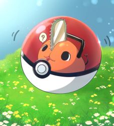 Rule 34 | 1other, ?, absurdres, chainsaw, chainsaw man, creatures (company), fangs, game freak, grass, highres, manakaze, nintendo, open mouth, pochita (chainsaw man), poke ball, pokemon, tail