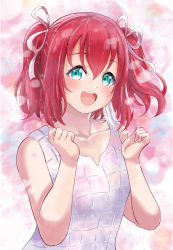 Rule 34 | 1girl, absurdres, aqua eyes, artist name, artist request, bare shoulders, blush, breasts, checkered clothes, checkered dress, clenched hands, close-up, collarbone, dress, earrings, feather earrings, feathers, female focus, green eyes, hair between eyes, hair ribbon, highres, jewelry, kurosawa ruby, looking at viewer, love live!, love live! school idol festival, love live! sunshine!!, parted lips, plaid, plaid dress, pleated, pleated dress, red hair, ribbon, short hair, skirt, sleeveless, sleeveless dress, small breasts, smile, solo, the story of feather (love live!), twintails, two side up, upper body, white dress, white ribbon, white skirt