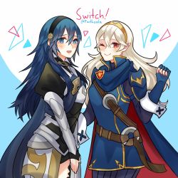 Rule 34 | 2girls, absurdres, armor, armored dress, blue eyes, blue hair, blush, cape, commentary, corrin (female) (fire emblem), corrin (female) (fire emblem) (cosplay), corrin (fire emblem), cosplay, costume switch, faithoala, fire emblem, fire emblem awakening, fire emblem fates, fire emblem heroes, fire emblem warriors, hair between eyes, hair ornament, highres, long hair, looking at viewer, lucina (fire emblem), lucina (fire emblem) (cosplay), multiple girls, nintendo, one eye closed, pointy ears, red eyes, smile, thighhighs, tiara, twitter username, white hair