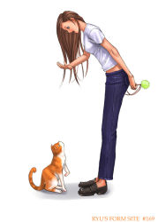 Rule 34 | 1girl, brown hair, cat, denim, full body, jeans, long hair, pants, ryu (ryu&#039;s form site), shirt, simple background, solo, standing, white background, white shirt