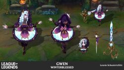 Rule 34 | 1girl, alternate costume, artist name, boots, braid, character name, copyright name, dress, frilled dress, frills, grass, grey hair, gwen (league of legends), half mask, highres, horns, knee boots, league of legends, lones (lonesart), long hair, mask, needle, outdoors, oversized object, purple dress, scissors, sewing needle, single braid, white dress