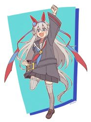 Rule 34 | 1girl, animal ears, arm up, belt, black shirt, black skirt, blue eyes, blush, brown footwear, clenched hands, fang, full body, grey hair, grey thighhighs, hairband, headband, horse ears, horse girl, horse tail, loafers, long hair, long sleeves, looking at viewer, neckerchief, nm222hz, open mouth, outstretched arm, sailor, shirt, shoes, skin fang, skirt, smile, solo, standing, standing on one leg, tail, tamamo cross (umamusume), thighhighs, twitter username, umamusume, v-shaped eyebrows