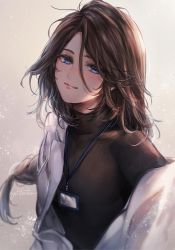 Rule 34 | 1girl, black sweater, blue eyes, blush, braid, brown hair, closed mouth, commentary request, gradient background, grey background, hair between eyes, highres, id card, lab coat, long hair, looking at viewer, open clothes, original, signature, single braid, smile, solo, sweater, upper body, very long hair, yuli (yulipo)