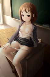 Rule 34 | 1girl, arm support, bow, bow panties, breasts, brown eyes, brown hair, chalkboard, classroom, cleft of venus, closed mouth, clothes lift, collarbone, dkoro, female focus, floor, highres, jacket, kill me baby, looking at viewer, looking to the side, nipples, open clothes, open jacket, open shirt, oribe yasuna, panties, panty pull, pussy, red bow, shirt, shoes, sitting, skirt, skirt lift, small breasts, smile, solo, uncensored, underwear, white panties, white shirt, wooden floor