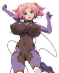 Rule 34 | 1girl, blush, bodysuit, breasts, fat mons, female focus, green eyes, huge breasts, katsuki yousuke, midriff, navel, nipples, open mouth, pink hair, puffy areolae, puffy nipples, pussy, see-through, simple background, smile, thighs, white background