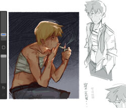 Rule 34 | 1boy, art program in frame, blonde hair, chest sarashi, chinese text, cigarette, closed mouth, commentary, english commentary, fire, hands in pockets, highres, holding, holding cigarette, holding lighter, lighter, male focus, mob psycho 100, mp100days, pants, procreate (medium), procreate (software), reigen arataka, sarashi, short hair, sitting, sketch, smoking, translation request
