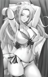 Rule 34 | 1girl, arms behind head, ass, bikini, breasts, flower, freya (seventh star), greyscale, hair flower, hair ornament, highres, large breasts, long hair, monochrome, navel, non-web source, open mouth, reflection, seventh star, side-tie bikini bottom, smile, swimsuit, tony guisado