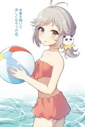 Rule 34 | 1girl, antenna hair, ball, bare shoulders, beachball, bikini, breasts, commentary request, cowboy shot, from side, grey eyes, grey hair, hair ornament, hayamaro65, highres, holding, holding ball, long hair, looking at viewer, low ponytail, open mouth, panda hair ornament, red bikini, rune factory, rune factory 4, short ponytail, small breasts, solo, standing, swimsuit, translation request, water, white background, xiao pai