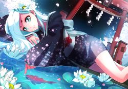 Rule 34 | bad id, bad pixiv id, blue eyes, dutch angle, fish, floral print, flower, glowing, hair flower, hair ornament, highres, japanese clothes, kimono, lily pad, lotus, lying, marmaladica, miniskirt, night, on side, original, partially submerged, petals, ripples, skirt, solo, torii, white hair