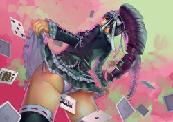 Rule 34 | 10s, 1girl, ace (playing card), ace of clubs, ass, black hair, card, celestia ludenberg, clothes lift, club3, club (shape), danganronpa: trigger happy havoc, danganronpa (series), drill hair, from behind, gothic lolita, highres, jack (playing card), jack of clubs (playing card), joker (playing card), king (playing card), king of clubs, lolita fashion, long hair, monokuma, panties, playing card, red eyes, side-tie panties, skirt, skirt lift, solo, thighhighs, twin drills, twintails, underwear, upskirt