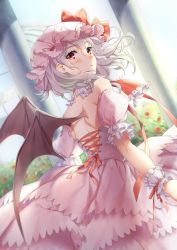 Rule 34 | 1girl, ascot, back, bare shoulders, bat wings, bush, commentary request, day, dress, from behind, hat, hat ribbon, highres, light purple hair, looking at viewer, looking back, mob cap, pillar, pink dress, red eyes, red ribbon, remilia scarlet, ribbon, solo, touhou, wind, wings, wrist cuffs, yana mori