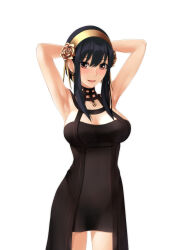 Rule 34 | 1girl, :d, armpits, arms up, black dress, black hair, blush, breasts, cleavage, cowboy shot, dress, earrings, gold hairband, hair between eyes, hairband, jewelry, large breasts, looking at viewer, nonaka ritsu, open mouth, red eyes, sidelocks, simple background, smile, solo, spy x family, standing, white background, yor briar