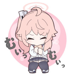 Rule 34 | 1girl, ahoge, black sailor collar, black skirt, black thighhighs, blue archive, blush, chibi, commentary request, eating, facing viewer, food, full body, halo, holding, holding food, long hair, long sleeves, natsu (blue archive), nyaru (nyaru 4126), pink background, pink hair, pleated skirt, puffy long sleeves, puffy sleeves, round image, sailor collar, school uniform, serafuku, shirt, side ponytail, skirt, solo, standing, thighhighs, translation request, two-tone background, v-shaped eyebrows, white background, white shirt