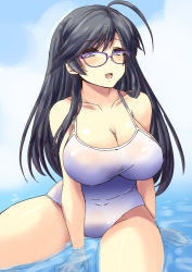 Rule 34 | 10s, 1girl, ahoge, antenna hair, bare shoulders, bespectacled, between legs, black hair, blue eyes, blush, breasts, cleavage, collarbone, competition school swimsuit, covered navel, day, girls und panzer, glasses, hand between legs, isuzu hana, large breasts, long hair, looking at viewer, one-piece swimsuit, open mouth, school swimsuit, shinshin, sitting, smile, solo, swimsuit, twitter username, white one-piece swimsuit