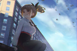Rule 34 | 1girl, :o, arms at sides, bird, black necktie, black pantyhose, black skirt, blue sky, blush, breasts, brown hair, building, chromatic aberration, collared shirt, commentary, cp (tlstjdghek), day, english commentary, feet out of frame, from below, high-waist skirt, highres, looking away, looking to the side, medium breasts, necktie, original, outdoors, pantyhose, parted lips, ponytail, red eyes, shirt, short hair, sitting, skirt, sky, solo, white shirt