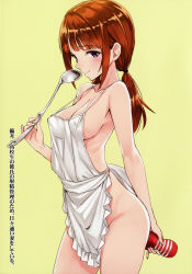 Rule 34 | 1girl, absurdres, apron, arched back, artificial vagina, blunt bangs, blush, breasts, cleavage, closed mouth, covered erect nipples, cowboy shot, frilled apron, frills, green background, groin, hair tie, highres, holding, ladle, long hair, looking at viewer, low ponytail, matsuryuu, medium breasts, naked apron, orange hair, original, pinky out, purple eyes, sasaki shiori, scan, sex toy, sideboob, simple background, smile, solo, standing, strap gap, tareme, tenga, translation request, white apron