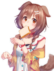 Rule 34 | 1girl, :3, animal collar, animal ears, blue bow, blush, bone hair ornament, bow, bracelet, braid, bread slice, brown eyes, brown hair, buttons, cartoon bone, choker, collar, cowboy shot, dog ears, dog girl, dog tail, dress, food, food in mouth, hair between eyes, hair ornament, hairclip, highres, hololive, inugami korone, inugami korone (1st costume), jacket, jewelry, kurumi tsuchi, long hair, looking at viewer, low twin braids, low twintails, mouth hold, off-shoulder jacket, off shoulder, paw pose, raised eyebrows, red bow, red choker, red collar, simple background, solo, tail, toast, toast in mouth, twin braids, twintails, virtual youtuber, white background, white dress, wristband, yellow jacket
