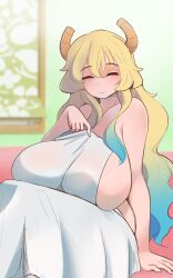 Rule 34 | 1girl, absurdres, bed, bed sheet, blonde hair, blue hair, breasts, closed eyes, dot nose, dragon girl, dragon horns, facing viewer, female focus, ferdinandusdart, gradient hair, green hair, highres, horns, huge breasts, kobayashi-san chi no maidragon, lucoa (maidragon), multicolored hair, nude, picture frame, reference inset, shiny skin, sideboob, sitting, smile, solo