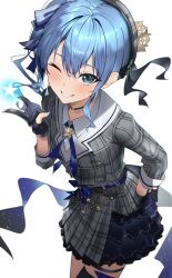 Rule 34 | 1girl, absurdres, ascot, belt, beret, black gloves, blue ascot, blue belt, blue eyes, blue hair, blue nails, brooch, choker, crown, frills, gloves, grin, hand on own hip, hat, highres, hololive, hoshimachi suisei, hoshimachi suisei (1st costume), jewelry, mini crown, one eye closed, panda 0035, partially fingerless gloves, plaid, plaid headwear, plaid skirt, side ponytail, simple background, skirt, smile, solo, star (symbol), star in eye, symbol in eye, thigh strap, virtual youtuber, white background