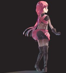 Rule 34 | 1girl, ass, ayaki ichigo, bad id, bad pixiv id, belt, bike shorts, black background, black footwear, black gloves, black shirt, black thighhighs, blush, bodystocking, boots, clenched hand, crop top, from behind, gloves, long hair, looking back, magia record: mahou shoujo madoka magica gaiden, mahou shoujo madoka magica, miniskirt, pink eyes, pink hair, pink skirt, ponytail, shirt, shorts, shorts under skirt, simple background, skirt, skirt tug, solo, tamaki iroha, thigh boots, thighhighs, wind, wind lift