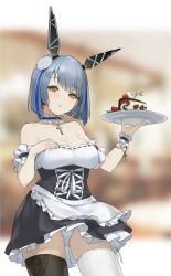 Rule 34 | 1girl, absurdres, alternate costume, apron, azur lane, bare shoulders, blue hair, blue nails, blush, breasts, brown eyes, cleavage, collarbone, dress, enmaided, flower, fluf.p, frilled apron, frills, from below, gascogne (azur lane), hair flower, hair ornament, hand on own chest, head tilt, headgear, highres, holding, holding tray, looking at viewer, maid, maid apron, medium breasts, multicolored hair, nail polish, panties, pantyshot, purple hair, short hair, solo, strapless, strapless dress, streaked hair, thighhighs, tray, underwear, waist apron, white apron, white panties, wrist cuffs