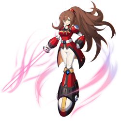 Rule 34 | 1girl, android, breasts, brown hair, closed mouth, commentary, energy sword, full body, green eyes, hair ornament, hand on own hip, high ponytail, highres, holding, holding sword, holding weapon, iris (mega man), joints, long hair, looking at viewer, medium breasts, mega man (series), mega man x4, mega man x (series), mega man x dive, mizuno keisuke, official art, pants, ponytail, robot, robot joints, simple background, smile, solo, sword, very long hair, weapon, white background, white pants