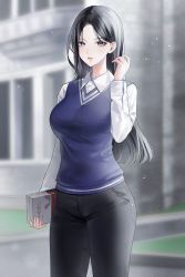 Rule 34 | 1girl, absurdres, arm at side, black hair, black pants, blue eyes, blue sweater vest, blurry, blurry background, book, breasts, collared shirt, commentary request, denim, depth of field, dress shirt, hand up, highres, hiya 0, holding, holding book, large breasts, long hair, long sleeves, looking at viewer, original, outdoors, pants, parted lips, pocket, shirt, solo, standing, straight hair, sweater vest, taut sweater vest, white shirt, wing collar