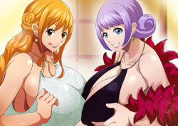 Rule 34 | 2girls, blue hair, breast press, breasts, carina (one piece), cleavage, huge breasts, large breasts, multiple girls, nami (one piece), one piece, one piece film: gold, orange hair, qdoujin (pixiv44648813), smile