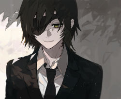 Rule 34 | 1girl, black hair, black jacket, black necktie, chainsaw man, closed mouth, collared shirt, ebanoniwa, eyepatch, himeno (chainsaw man), jacket, necktie, one eye covered, shirt, short hair, smile, solo, upper body, white shirt, wing collar, yellow eyes