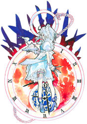 Rule 34 | 1girl, between fingers, braid, chain, clock, female focus, from behind, full body, high heels, hino tomoyuki, holding, izayoi sakuya, knife, roman numeral, short hair, silver hair, solo, steam, teapot, throwing knife, touhou, tray, twin braids, weapon, white background
