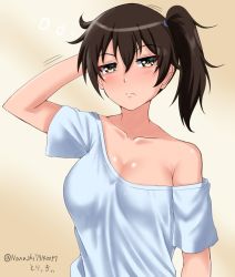 Rule 34 | 1girl, arm behind head, artist name, brown eyes, brown hair, collarbone, commentary request, expressionless, kaga (kancolle), kantai collection, long hair, looking at viewer, off-shoulder shirt, off shoulder, one-hour drawing challenge, shirt, side ponytail, solo, t-shirt, twitter username, upper body, yellow background, zanntetu