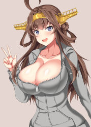 Rule 34 | 1girl, ahoge, alternate breast size, alternate costume, blue eyes, breasts, brown hair, cleavage, collarbone, double bun, grey jacket, hair bun, hairband, headgear, highres, huge breasts, impossible clothes, impossible jacket, jacket, kantai collection, kongou (kancolle), long hair, long sleeves, partially unzipped, pechita, revision, upper body, v, zipper, zipper pull tab