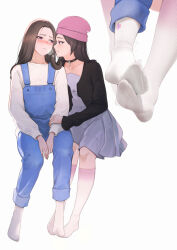 Rule 34 | 2girls, absurdres, beanie, black choker, black jacket, blue overalls, blush, breasts, breath, brown hair, choker, collarbone, dress, feet, foot focus, full body, ghhoward, gradient legwear, grey background, grey dress, hat, highres, invisible chair, jacket, jewelry, kneehighs, long sleeves, looking at another, multiple girls, necklace, no shoes, original, overalls, parted bangs, pink eyes, pink headwear, pink socks, ribbed socks, shirt, simple background, sitting, small breasts, socks, soles, toes, trembling, white shirt, white socks, yuri, zoom layer