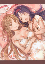 Rule 34 | 2girls, :d, ^ ^, absurdres, ahoge, artist name, asuna (sao), bed sheet, breasts, brown eyes, brown hair, cleavage, closed eyes, collarbone, dress, dsmile, from above, hairband, highres, holding hands, interlocked fingers, long hair, lying, medium breasts, multiple girls, off shoulder, on back, on side, open mouth, pillow, purple hair, purple hairband, scan, shiny skin, short dress, simple background, sleeveless, sleeveless dress, small breasts, smile, sword art online, very long hair, white dress, yuuki (sao)