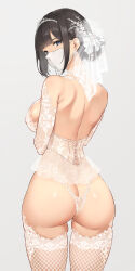Rule 34 | 1girl, ass, back, black hair, blue eyes, bra, breasts, bridal veil, butt crack, commentary request, finger to mouth, from behind, gloves, grey background, highres, index finger raised, lace, lace-trimmed bra, lace-trimmed panties, lace trim, large breasts, looking at viewer, looking back, mask, mouth mask, nijisanji, panties, serizawa (serizawaroom), shushing, simple background, solo, standing, suzuka utako, tiara, underwear, veil, virtual youtuber, white bra, white gloves, white mask, white panties