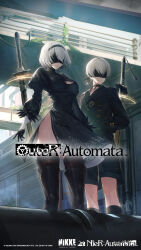 Rule 34 | 1boy, 1girl, 2b (nier:automata), 9s (nier:automata), artist request, black blindfold, black choker, black hairband, black jacket, black shorts, blindfold, boots, choker, cleavage cutout, closed mouth, clothing cutout, commentary, covered eyes, crossover, english commentary, feather-trimmed sleeves, feather trim, from below, goddess of victory: nikke, hairband, highres, industrial pipe, jacket, juliet sleeves, long sleeves, nier:automata, nier (series), official art, outdoors, puffy sleeves, railing, short hair, shorts, sword, sword behind back, thighhighs, thighhighs under boots, virtuous contract, weapon, white hair