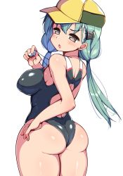 Rule 34 | 1girl, alternate costume, alternate hairstyle, aqua hair, ass, bare shoulders, blush, breasts, brown eyes, competition swimsuit, hair ornament, hairclip, hand on own hip, hat, highres, kantai collection, kurokoshou (emuburemu123), large breasts, long hair, low twintails, one-piece swimsuit, open mouth, solo, suzuya (kancolle), swimsuit, twintails, whistle