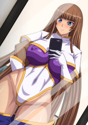 Rule 34 | 1girl, blue eyes, blunt bangs, blush, breasts, brown hair, cellphone, cosplay, covered erect nipples, covered navel, gloves, gundam, gundam seed, gundam seed destiny, highleg, highleg leotard, highres, holding, holding phone, impossible clothes, impossible leotard, koukawa asuka, large breasts, leotard, long hair, looking at phone, meer campbell, meer campbell (cosplay), mirror, mizutani rin, multicolored leotard, phone, purple leotard, reflection, selfie, simple background, skin tight, skirt, smartphone, smile, solo, taimanin (series), taimanin rpgx, taking picture, thong leotard, very long hair, white background, white leotard