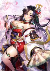 Rule 34 | 1girl, black hair, breasts, cherry blossoms, cleavage, gijang, hand fan, highres, japanese clothes, large breasts, long hair, looking at viewer, mole, mole under mouth, nail polish, nouhime, original, paper fan, purple eyes, side slit, smile, solo