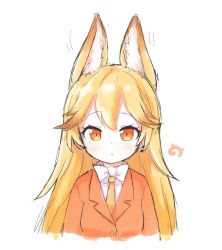 Rule 34 | 10s, 1girl, :c, animal ears, bad id, bad twitter id, blazer, blonde hair, blush, bow, bowtie, brown hair, buttons, done (donezumi), dot nose, expressionless, eyelashes, ezo red fox (kemono friends), fox ears, gradient hair, inactive account, jacket, japari symbol, kemono friends, long hair, long sleeves, looking at viewer, motion lines, multicolored hair, necktie, orange eyes, orange jacket, simple background, sketch, solo, tsurime, two-tone hair, upper body, white background, white bow, white bowtie, yellow necktie