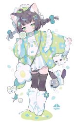 Rule 34 | 1girl, animal ears, bag, black thighhighs, blush stickers, bonnet, boots, braid, brown hair, candy, cat ears, cat girl, cat tail, commentary, cotono (nazekun), floating hair, food, frilled hat, frilled jacket, frills, frown, full body, green eyes, green hat, green jacket, handbag, hat, highres, holding, holding candy, holding food, holding lollipop, jacket, knee boots, leaning to the side, lollipop, long bangs, long sleeves, looking at viewer, low twin braids, open clothes, open jacket, original, pleated skirt, shirt, sidelocks, skirt, solo, symbol-only commentary, tail, thighhighs, twin braids, white footwear, white shirt, white skirt, zettai ryouiki