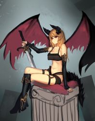 Rule 34 | 1girl, blonde hair, boots, breasts, dragon girl, dragon tail, dragon wings, highres, horns, long hair, looking at viewer, red eyes, sitting, sword, tail, tianlluo, tttts, weapon, wings