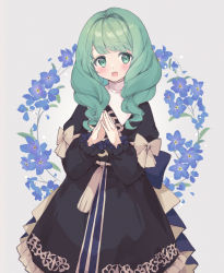 Rule 34 | 1girl, blush, bow, commentary, dress, fire emblem, fire emblem: three houses, flayn (fire emblem), flower, garreg mach monastery uniform, green eyes, green hair, highres, long hair, long sleeves, looking at viewer, mola mola, nintendo, open mouth, own hands together, simple background, smile, solo
